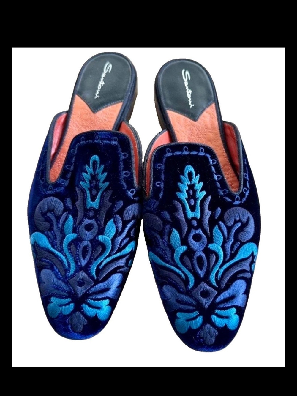 Santoni Navy Blue Velvet Embroidered Mules with Teal Accents